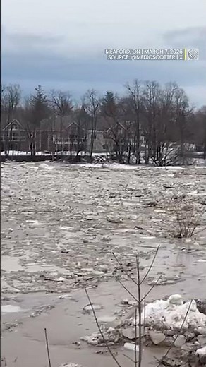 Localized flooding in Meaford, Ontario as warm weekend weather river levels to rise and ice jams.