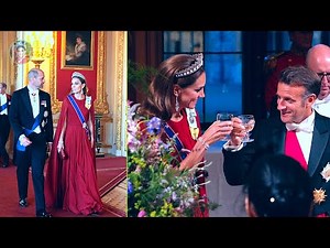 Princess Kate Steal the Spotlight In A Deep Crimson Silk Evening Gown at Windsor Castle State Banque