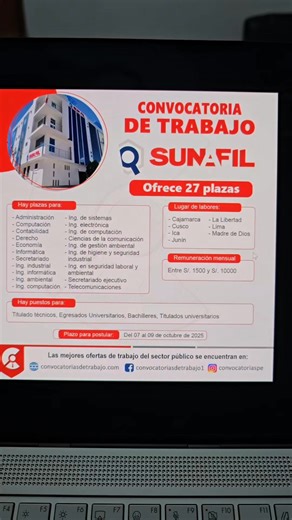 Nuevos empleos en SUNAFIL 2025 🔴 Hay plazas para: Cajamarca, Cusco, Ica, Junín, La Libertad, Lima, Madre de Dios 🔴 Carreras solicitadas: Administración, Ciencias de la comunicación, Computación, Contabilidad, Derecho, Economía, Informática, Ingeniería ambiental, Ingeniería computación, Ingeniería de computación, Ingeniería de gestión ambiental, Ingeniería de higiene y seguridad industrial, Ingeniería de sistemas, Ingeniería electrónica, Ingeniería en seguridad laboral y ambiental, Ingeniería i