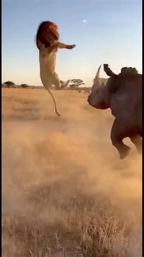 Unstoppable Rhino Ram: Predator Sent Flying by Explosive Horn Lift on the Open Savanna #shorts
