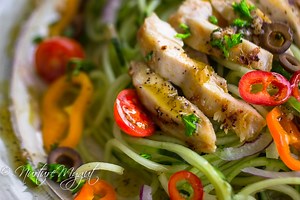Garlic Chicken with Greek Cucumber Noodle Salad