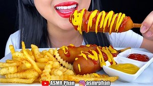 ASMR Phan on Instagram: "ASMR EATING SOUNDS. Classic Corn Dogs with 3 different cuts of French Fries with Ketchup and Mustard! I don’t know about you but the classic American Corn Dogs will always be my favorite! Reminds me so much of the Fairs and Theme Parks. Super crunchy on the outside with a juicy hotdog in the center. Can’t go wrong with it! This one is the honey batter one! Full video on YouTube. Channel link is in the bio . . . . . . . . . . . . . . . . #asmr #asmreating #letseat #burger