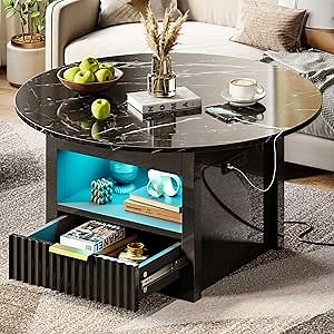 Bestier LED Lift Top Coffee Table, Round Coffee Table with Storage and Power Outlet, Modern Fluted Coffee Table with Drawer for Living Room, Bedroom, Black Glossy