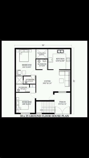 30x35 House Design | 2 BHK Floor Plan with 3 Bathrooms | 1050 Sq Ft Architectural Layout