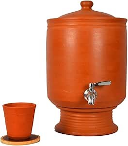 Village Decor Handmade Earthen Clay water pot Includes Clay Lid, Glass and Stand, Wooden Coaster and Stainless Steel Faucet (Capacity 236 oz)
