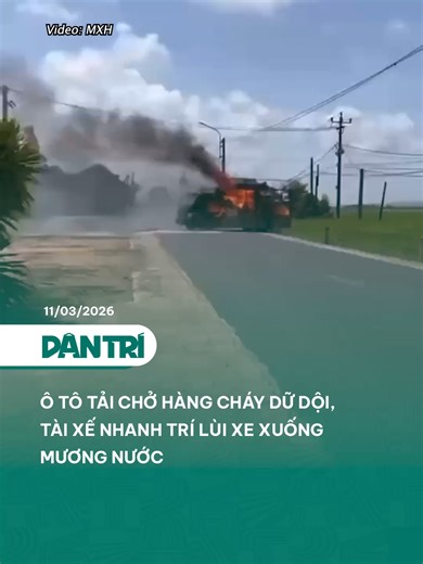 Ô tô tải chở hàng cháy dữ dội, tài xế nhanh trí lùi xe xuống mương nước #dantrinews #xuhuong #learnontiktok
