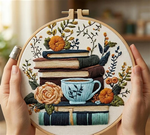 DIY Tambour Embroidery Kit, Books & Tea Pattern, Beginner Hand Embrodery Set - Etsy UK