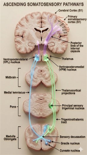 Medico Plasma on Instagram: "The thalamus functions as the gateway to the cerebral cortex, relaying and integrating nearly all sensory information except olfaction. Ascending pathways—including the spinothalamic tracts, dorsal column–medial lemniscus, and trigeminothalamic pathways—synapse in specific thalamic nuclei before reaching their respective primary cortical areas. Motor signals from the basal ganglia and cerebellum are also processed through the thalamus and relayed to the motor cortex,