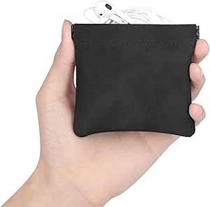 Small Earphone Pouch PU Leather Headphone Storage Bag Cosmetic Bag Portable Bags with Magnetic for Lipstick, Keys, Coin, Jewelry, Cable(S,Black)