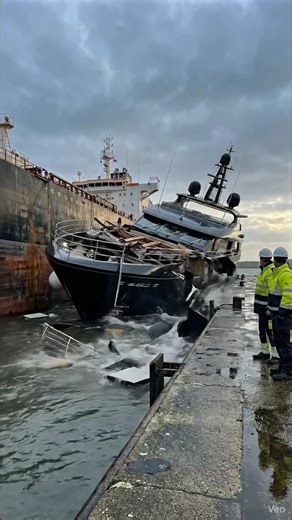 Danil Akulov on Instagram: "Luxury Yacht Gets Squeezed Between a Tanker and the Pier… It Starts Cracking A luxury yacht gets trapped like in a vise—pinned between a massive tanker and the pier. You can hear the hull creaking and “squealing” as it compresses, then cracks and begins to break apart while dock workers panic and run. #yacht #port #crash #fail #reels"