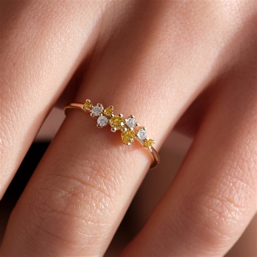 14K Gold Yellow Topaz Birthstone Personalized Ring, Minimalist Citrine CZ Diamond Cluster Gold Ring - Etsy