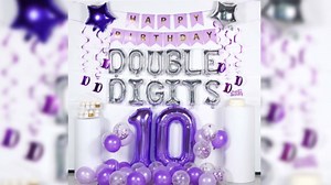 Purple 10th Birthday Decorations for Girls, Double Digits Birthday Decoration Supplies 10 - Purple Happy Birthday Banner Foil Balloons Cake Topper Hanging Swirls for Girls 10th Birthday Party