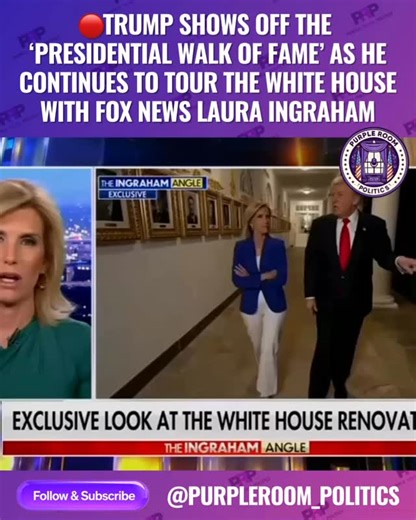 President Donald Trump gave Fox News host Laura Ingraham a private tour of his White House renovations on Monday, during which he showed off the newly installed “Presidential Walk of Fame”. This “Walk of Fame,” installed along the West Colonnade, features gold-framed portraits of all 45 U.S. presidents (counting Grover Cleveland twice as the 22nd and 24th president). Notably, in place of former President Joe Biden’s portrait, Trump installed a picture of an autopen signing Biden’s name, a jab re