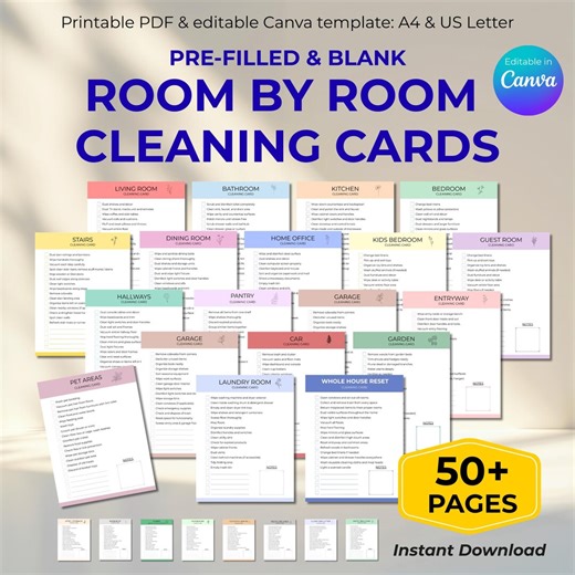 Printable Room by Room Cleaning Cards, Editable Home Organization Chore Chart, Deep Cleaning Checklist Schedule ADHD, Instant Download Canva - Etsy