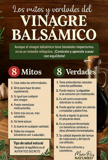 🧴 VINAGRE BALSÁMICO: ENTRE MITOS, VERDADES Y BIENESTAR NATURAL.. by NATUMED TU AMIGO NATURISTA... 🌿 ¿QUÉ ES EL VINAGRE BALSÁMICO? El vinagre balsámico es un elixir oscuro y aromático, elaborado a partir de mosto de uva fermentado y envejecido en barricas de madera. Su sabor agridulce y su riqueza en compuestos bioactivos lo convierten en un aliado natural para tu salud. ❌ 8 MITOS QUE DEBES DEJAR ATRÁS 1.- “CURA TODAS LAS ENFERMEDADES” No es una panacea. Puede apoyar tu salud, pero no reemplaza