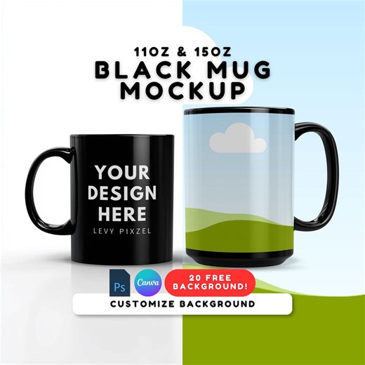 Black Mug Mockup 11oz & 15oz - Canva Template, PSD file, Smart object, Customize Background