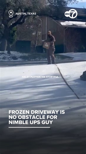 A UPS driver showed great ingenuity amid the winter storm that hit Texas recently, sliding down an ice-covered driveway to deliver a parcel. The moment was recorded on camera by Alan Plotkin on January 27, with Plotkin’s daughter Haley telling Storyful that this was, “Probably the most frozen solid ice I’ve ever seen at my house in all my life.” “You could have probably figure skated on it,” she said. | ABC 7 Chicago