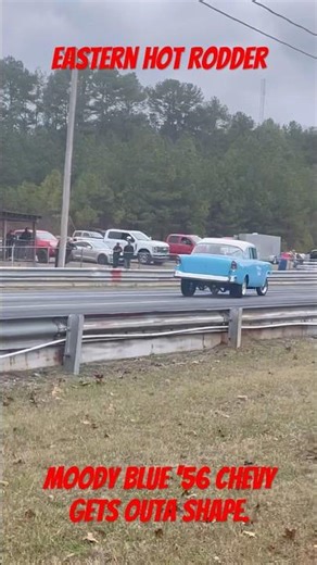 Moody Blue ‘56 Chevy gasser almost does the guard rail slam dance then returns for redemption.