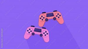 Video game controllers lo fi animated cartoon background. Joysticks 90s retro lofi aesthetic live wallpaper animation. Playing videogame together. 2 gamers color chill scene 4K video motion graphic