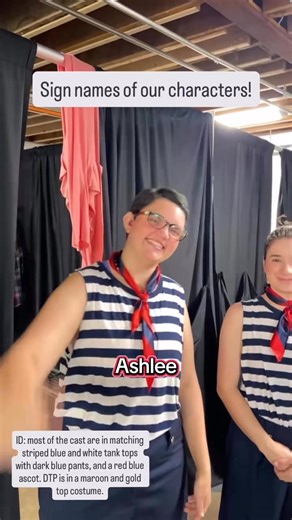 Since there are deaf actors/characters in Dance Nation, the cast came up with ASL sign names for each of their characters— here they are! 🤟🏻 Check out the show in person to see how ASL is incorporated throughout! It’s a Dance Nation like you’ve never seen before 👀💅🏻 Tickets: Phamaly.org ID: Backstage at Dance Nation in the dressing room area. Most of the cast are wearing matching striped blue and white tank tops with dark blue pants and a red and blue ascot. DTP is in a maroon and gold top 