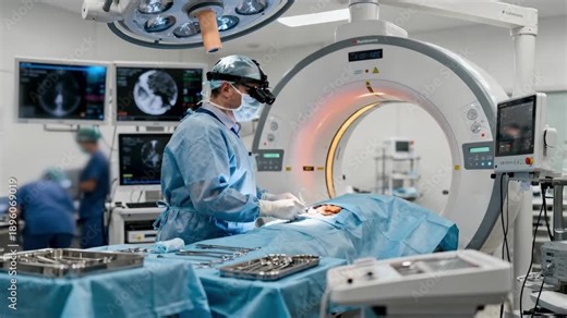 Focused view of a neuro hybrid operating room where a neurosurgeon uses integrated CT imaging for brain surgery with outoffocus monitors and staff in the background.