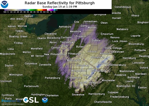 Here is the latest radar imagery. The heaviest snow band from the higher terrain of PA and WV to near Morgantown WV was beginning to shift east, though snow will continue through the afternoon. Additional light snow was developing across Ohio and western PA, and will be affecting the region through this evening. | US National Weather Service Pittsburgh PA