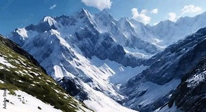 Majestic Mountain Landscapes. Breathtaking mountain panoramas with snow-capped peaks, steep slopes and alpine meadows create incredibly picturesque images. 3D animation.