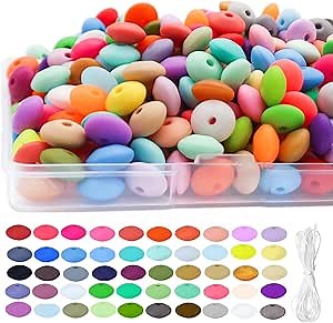 LET'S BEADING 300Pcs Silicone Lentil Beads 12mm 50 Colors Bulk Abacus Loose Spacer Colorful Lanyard for Jewelry Bracelet Necklace Keychain Craft Making