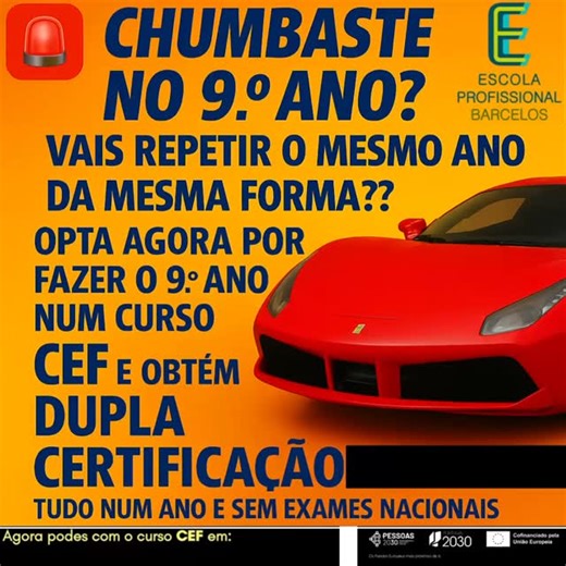 👉Curso CEF - Permite obter o 9º ano e prosseguir estudos ou Emprego com qualificação profissional! 🛠️ 𝐄𝐱𝐜𝐥𝐮𝐬𝐢𝐯𝐨 𝐧𝐚 𝐄𝐬𝐜𝐨𝐥𝐚 𝐏𝐫𝐨𝐟𝐢𝐬𝐬𝐢𝐨𝐧𝐚𝐥 𝐝𝐞 𝐁𝐚𝐫𝐜𝐞𝐥𝐨𝐬, 𝐨 𝐮́𝐧𝐢𝐜𝐨 𝐞𝐦 𝐁𝐚𝐫𝐜𝐞𝐥𝐨𝐬! 👉 𝐂𝐡𝐮𝐦𝐛𝐚𝐬𝐭𝐞 𝐧𝐨 𝐞𝐱𝐚𝐦𝐞 𝐝𝐨 𝟗.º 𝐚𝐧𝐨? 👉 𝐓𝐞𝐧𝐬 𝐨 𝟖.º 𝐚𝐧𝐨 𝐜𝐨𝐦𝐩𝐥𝐞𝐭𝐨 𝐨𝐮 𝐟𝐫𝐞𝐪𝐮𝐞𝐧𝐭𝐚𝐬𝐭𝐞 𝐨 𝟗.º? 👉 𝐈𝐝𝐚𝐝𝐞 e𝒏𝒕𝒓𝒆 𝒐𝒔 𝟏𝟓 𝒆 𝒐𝒔 𝟏𝟕 𝒂𝒏𝒐𝒔 𝒊𝒏𝒄𝒍𝒖𝒔𝒊𝒗𝒆? 📚 Aqui recuperas o ritmo: obténs o 9.º ano com dupla cert