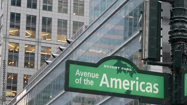 New York City crossroad, street intersection green road sign. 6 Sixth ave, Americas avenue corner, Midtown business district, United States. Highrise skyscraper architecture, Bryant park text roadsign