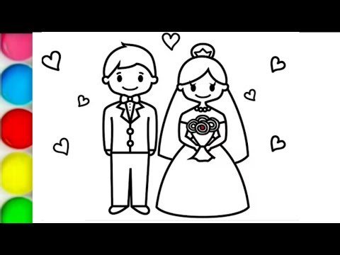 Beautiful bride and groom drawing and colouring for kids and toddlers