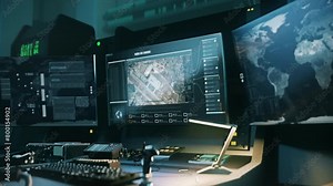 Army operating the spy intelligence gathering system from the control room. Controlling the spy software collecting target position intelligence. Controlling the spy satellite intelligence program. UI