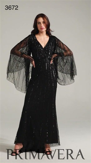 Primavera Couture - 3672 Sequined Long Bell Sleeve Sheath Dress