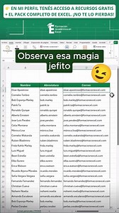 Crea millas de correos con un par de clics en Excel 😳🔥 ¿Todavía escribís uno por uno los mails de tus clientes o empleados? Con este truco podrás generar millas de direcciones profesionales en segundos y olvidarte del trabajo manual: Pasos rápidos: Escribí el nombre y el apellido en columnas separadas (ej. celdas A2 y B2). En la tercera columna, usá esta fórmula: =MINUSC(A2) & "." & MINUSC(B2) & "@tuempresa.com". Haga doble clic en el cuadradito de la esquina de la celda para que Excel complet