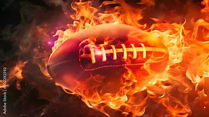A football is on fire and surrounded by flames. Concept of danger and excitement, as if the football is about to be launched into the air