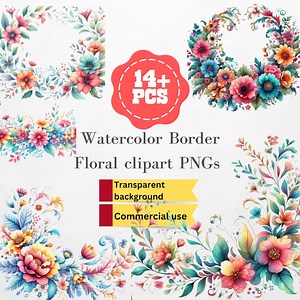 Floral Border Clipart PNG Watercolor Flowers Border, Bundle of 14 transparent Background Digital Download PNG Graphics - Commercial Use - Etsy Australia