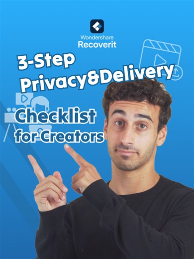 Client deadline saved! Deleted footage? 1) Scan Recycle Bin with Recoverit. 2) Run Corrupted Video Repair if needed. 3) Clean temp files & encrypt before delivery. Follow for more creator rescue hacks. 🙌🎥 #Recoverit #FileRecovery #VideoRecovery #ContentCreators #DataPrivacy