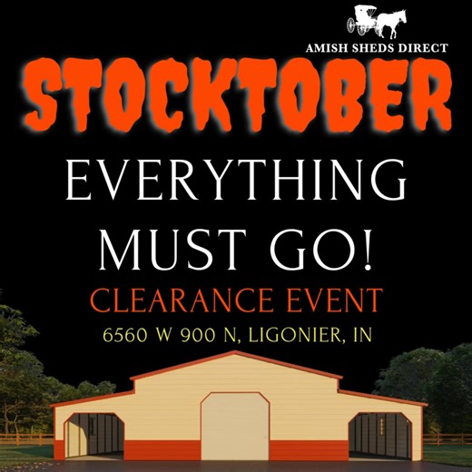 🎃 STOCKTOBER SAVINGS EVENT! 🔥 EVERYTHING MUST GO! 🔥 We’re clearing the lot for winter — and that means huge savings on every shed, garage, cabin, and carport at Amish Sheds Direct – Ligonier! 🏷️ Up to 25% OFF Lot Models 🏗️ Discounts on Custom Orders 🚚 Quick Delivery Available Don’t wait — when these models are gone, they’re gone for good! 📍 6560 W 900 N, Ligonier, IN 📅 Stop in this week and celebrate #Stocktober with unbeatable deals on Amish-built quality! #AmishShedsDirect #LigonierIN 