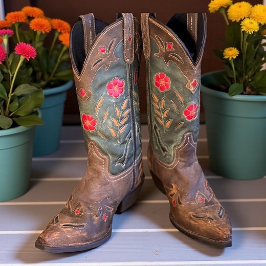 Floral Inlay Laredo Cowboy Boots: Teal and Brown Leather Red Flowers Size 6.5 - Etsy