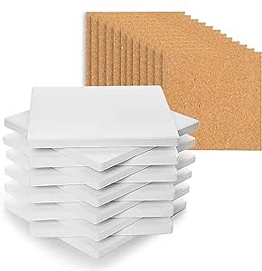 Ceramic Tiles for Crafts Coasters - 12Pcs Blank Unglazed White Tiles for Painting, Alcohol Ink, Acrylic Pouring - Make Your Own Coaster - Cork Backing Pads Included (4x4 Inch)