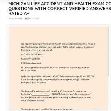 MICHIGAN LIFE ACCIDENT AND HEALTH EXAM COMPLETE STUDY QUESTIONS WITH CORRECT VERIFIED ANSWERS GUARAN