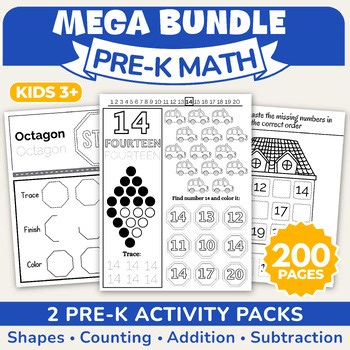 Pre- K Math Activity Bundle - Numbers, Shapes, Addition, Subtraction