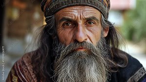 close up face zoom in old man long beard ancient philosopher at outdoor