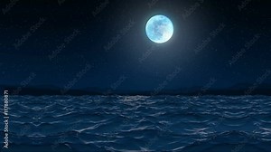 Seamless 3d Animation sea wave and ripple on the seaside shore beach at night with sparkling stars and moon glowing in 4k ultra hd