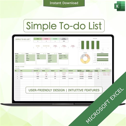Plantilla de lista de tareas sencilla (Microsoft Excel): Planificador diario y lista de productividad (Descarga digital) - Etsy España