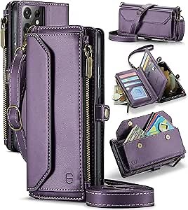 Strapurs Crossbody Wallet Case Compatible with Samsung Galaxy S21 Ultra 5G RFID Blocking 10-Card Holder Soft PU Leather Magnetic Snap Strap Zipper Pocket Phone Case Fit for Galaxy S21 Ultra - Purple