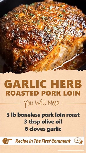 Garlic Herb Roasted Pork Loin Ingredients 3 lb boneless pork loin roast, trimmed of excess fat 3 tbsp olive oil 6 cloves garlic, minced 1 tbsp fresh rosemary, finely chopped (or 1 tsp dried) 1 tbsp fresh thyme leaves (or 1 tsp dried) 1 tsp onion powder 1 ½ tsp salt 1 tsp black pepper ½ tsp paprika ½ tsp crushed red pepper flakes (optional, for a little heat) 1 cup low-sodium chicken broth or water 1 tbsp butter (for pan sauce, optional) Instructions Preheat the Oven: Preheat your oven to 375°F (