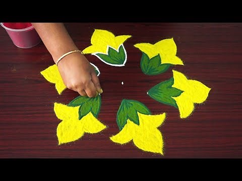 Simple kolam art designs with 5x3 dots - 5 dots rangoli designs with colours - small flower kolangal