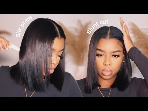 HOW TO: SILK PRESS NATURAL HAIR AT HOME + DIY BLUNT CUT | CURLY TO BONE STRAIGHT!
