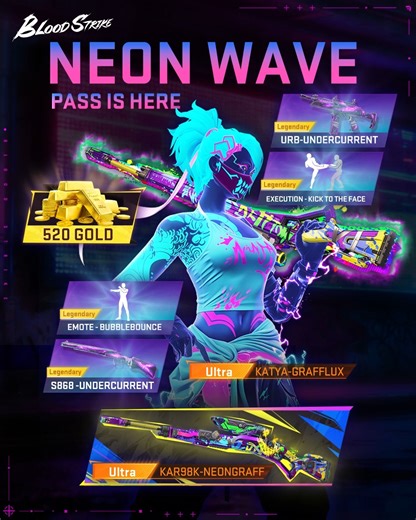 The Neon Wave Strike Pass is here now. Check it out in-game to get the brand new weapon S868 Shotgun and more! #BloodStrike #BS #BloodStrikePH | Blood Strike